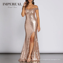 Rose Gold Sequin Off The Shoulder Short Sleeve Prom Long Mermaid Evening Gown Dresses